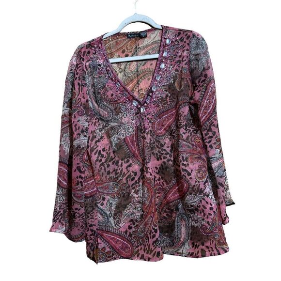 Raviya Blouse Womens Medium Mixed Print Boho Embellished Beaded Sheer Tunic Top - Picture 1 of 8